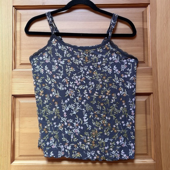 Womens Gray Floral Print Lace Cami Tank Top Plus Size 1X Grungefairy Goblincore - Picture 1 of 6
